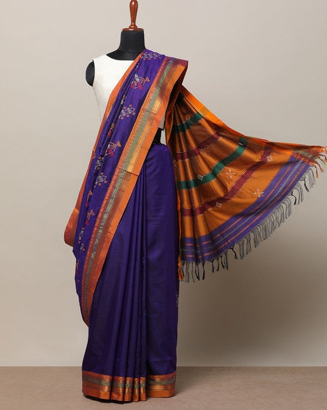 Ilkal Cotton Silk Blend Kasuti Handwoven Traditional Border Stripe Pallu Saree - Purple