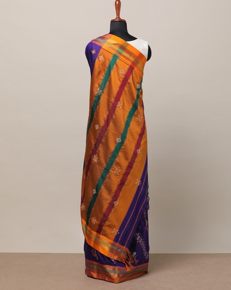 Ilkal Cotton Silk Blend Kasuti Handwoven Traditional Border Stripe Pallu Saree - Purple