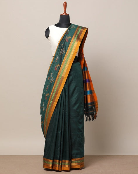 Ilkal Cotton Silk Blend Kasuti Handwoven Traditional Border Stripe Pallu Saree - Green
