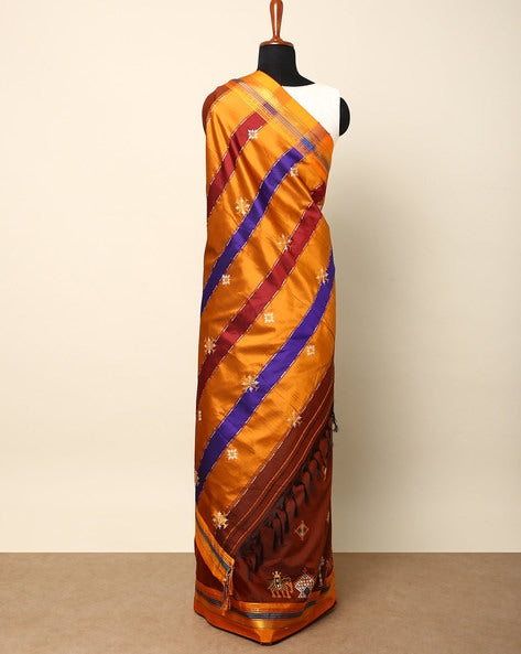 Ilkal Cotton Silk Blend Kasuti Handwoven Traditional Border Stripe Pallu Saree - Maroon