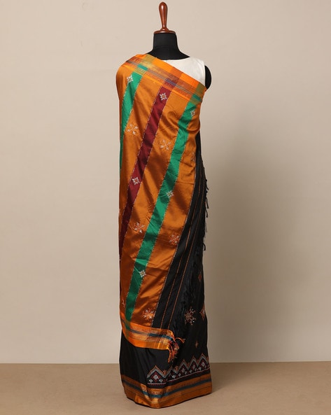 Ilkal Cotton Silk Blend Kasuti Handwoven Traditional Border Stripe Pallu Saree - Black