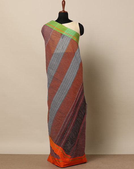 Neyge Ilkal Patteda Anchu Pure Cotton Elegant Checkered Pattern Plain Border Stripe Pallu