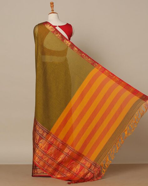 Neyge Pure Cotton Narayanpet Peacock Design Jari Woven Skirt Border Stripe Pallu Saree - Green