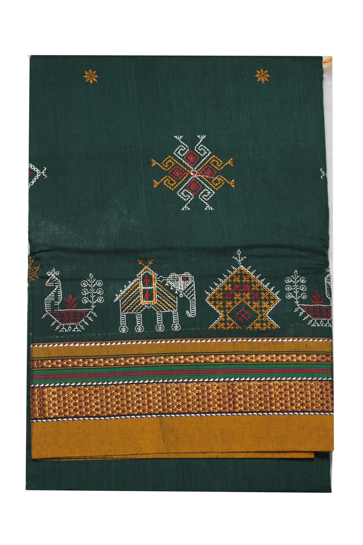Neyge Ilkal Handwoven Cotton Silk Blend Kasuti Chikki Paras Traditional Border Stripe Pallu - DarkGreen