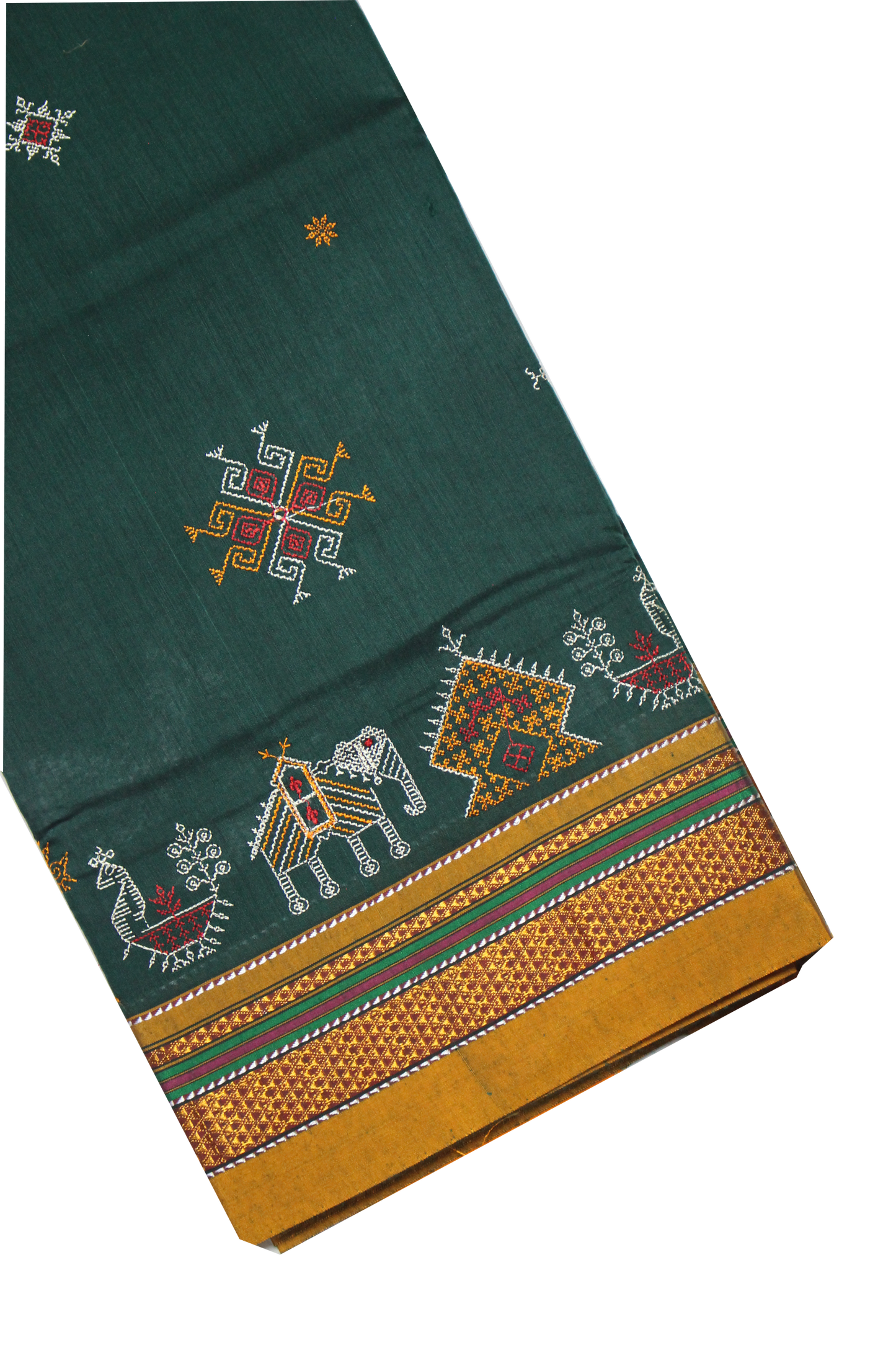 Neyge Ilkal Handwoven Cotton Silk Blend Kasuti Chikki Paras Traditional Border Stripe Pallu - DarkGreen