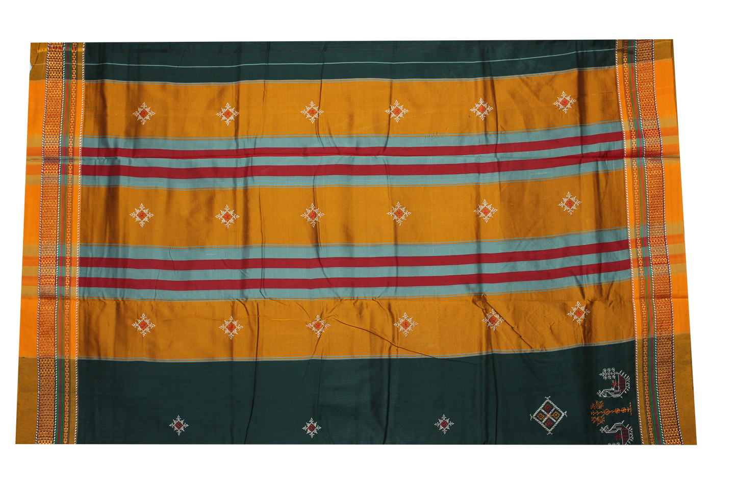 Neyge Ilkal Handwoven Cotton Silk Blend Kasuti Chikki Paras Traditional Border Stripe Pallu - DarkGreen