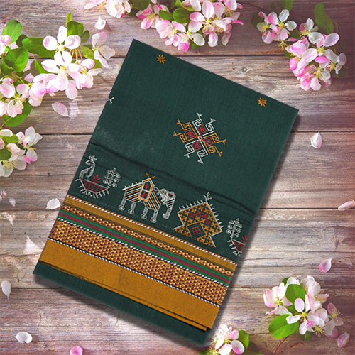 Neyge Ilkal Handwoven Cotton Silk Blend Kasuti Chikki Paras Traditional Border Stripe Pallu - DarkGreen