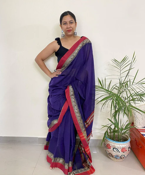 Neyge Traditional Pure Cotton Narayanpet Saree With Elephant Motif Border Stripe Pallu Saree -Blue