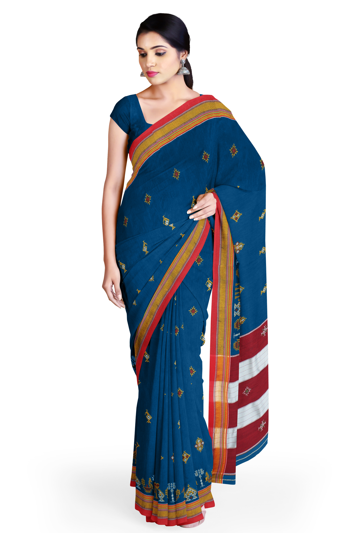 Neyge Ilkal Handwoven Cotton Silk Kasuti Chikki Paras Traditional Border Stripe Pallu Saree - Teal