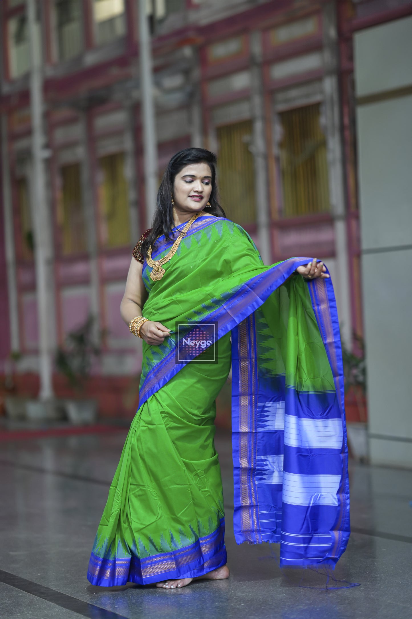 Neyge Ilkal Pure Cotton Silk Saree Temple Gadwal Chikkiparas Border Tope Pallu Saree - Green