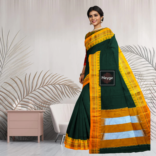 Neyge Ilkal Handwoven Masarai Cotton Silk  Plain Body Traditional Temple Border Tope Pallu Saree - Green
