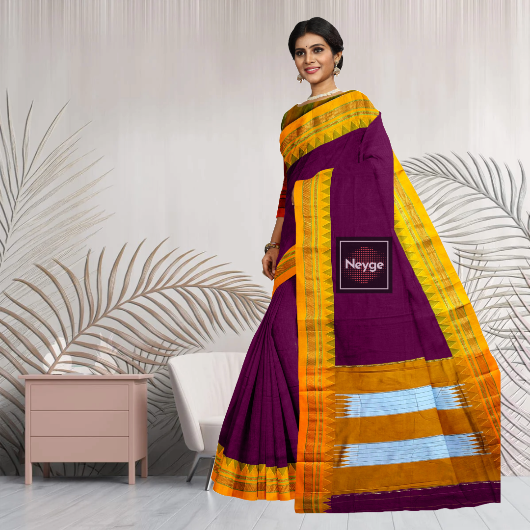 Neyge Ilkal Handwoven Masarai Cotton Silk Plain Body Traditional Temple Border Tope Pallu Saree - Majenta