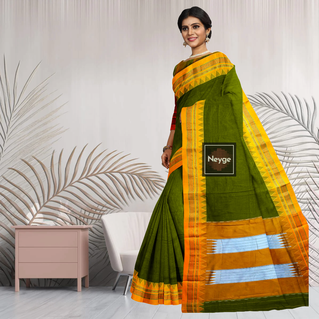 Neyge Ilkal Handwoven Masarai Cotton Silk Plain Body Traditional Temple Border Tope Pallu Saree - Mehendi