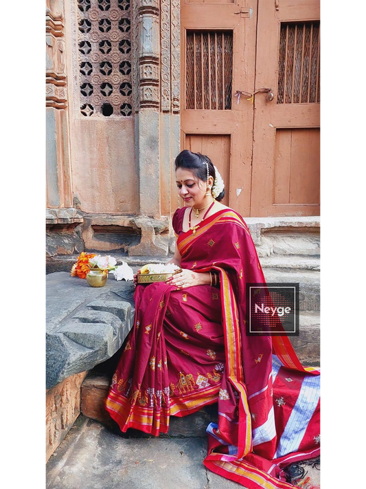 Neyge Ilkal Handwoven Cotton Silk Kasuti Chikki Paras Traditional Border Stripe Pallu Saree