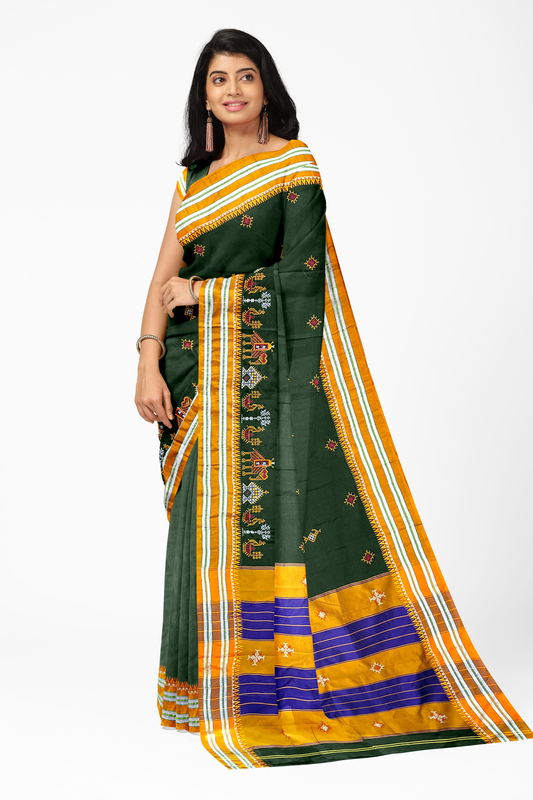 Neyge Ilkal Handwoven Cotton Silk Blend Kasuti Gomi Dadi Traditional Border Stripe Pallu Saree - Mehendi
