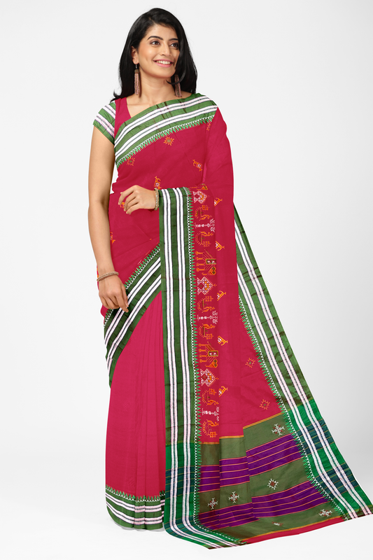 Neyge Ilkal Handwoven Cotton Silk Blend Kasuti Gomi Dadi Traditional Border Stripe Pallu Saree - Pink