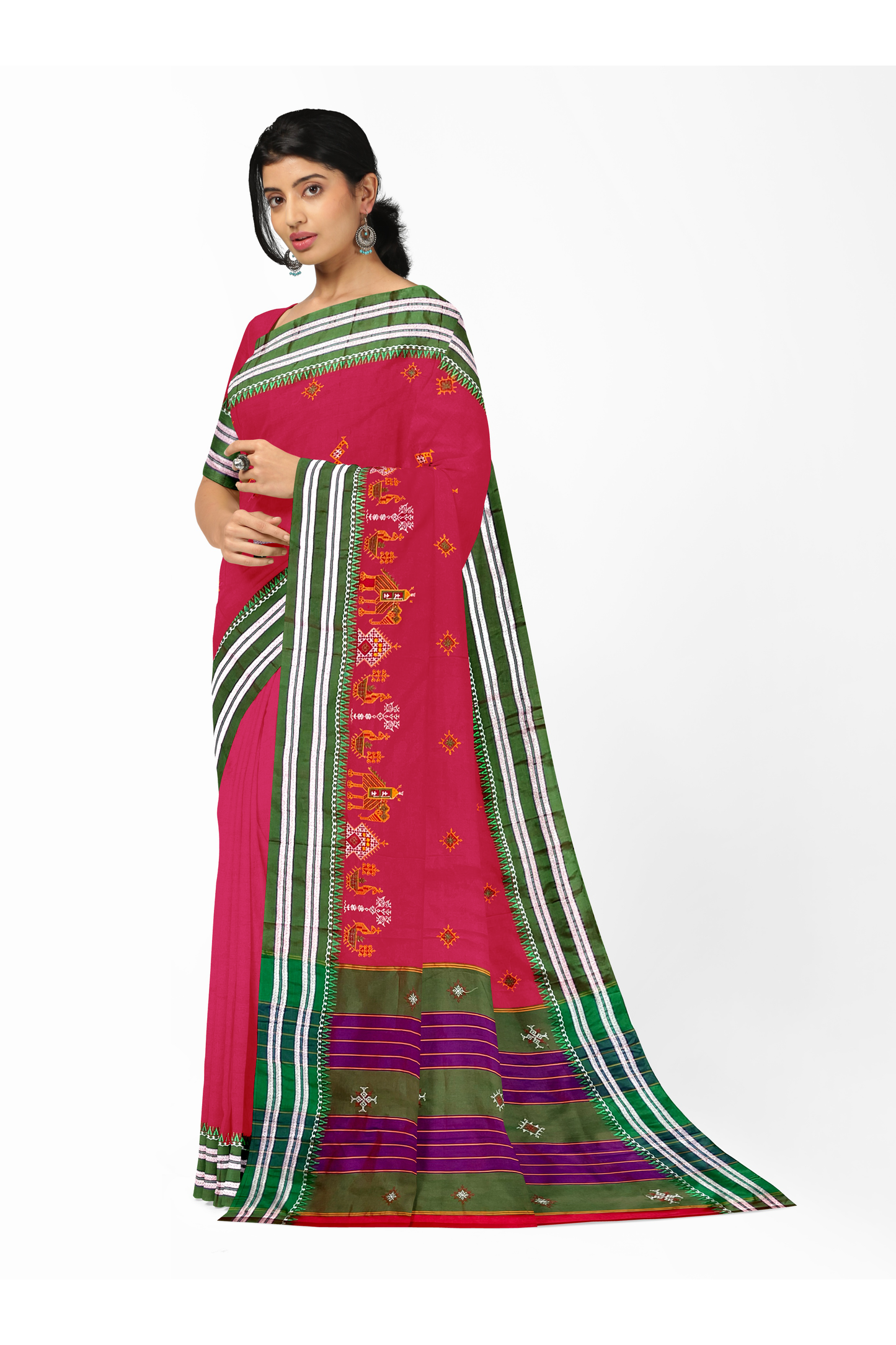 Neyge Ilkal Handwoven Cotton Silk Blend Kasuti Gomi Dadi Traditional Border Stripe Pallu Saree - Pink