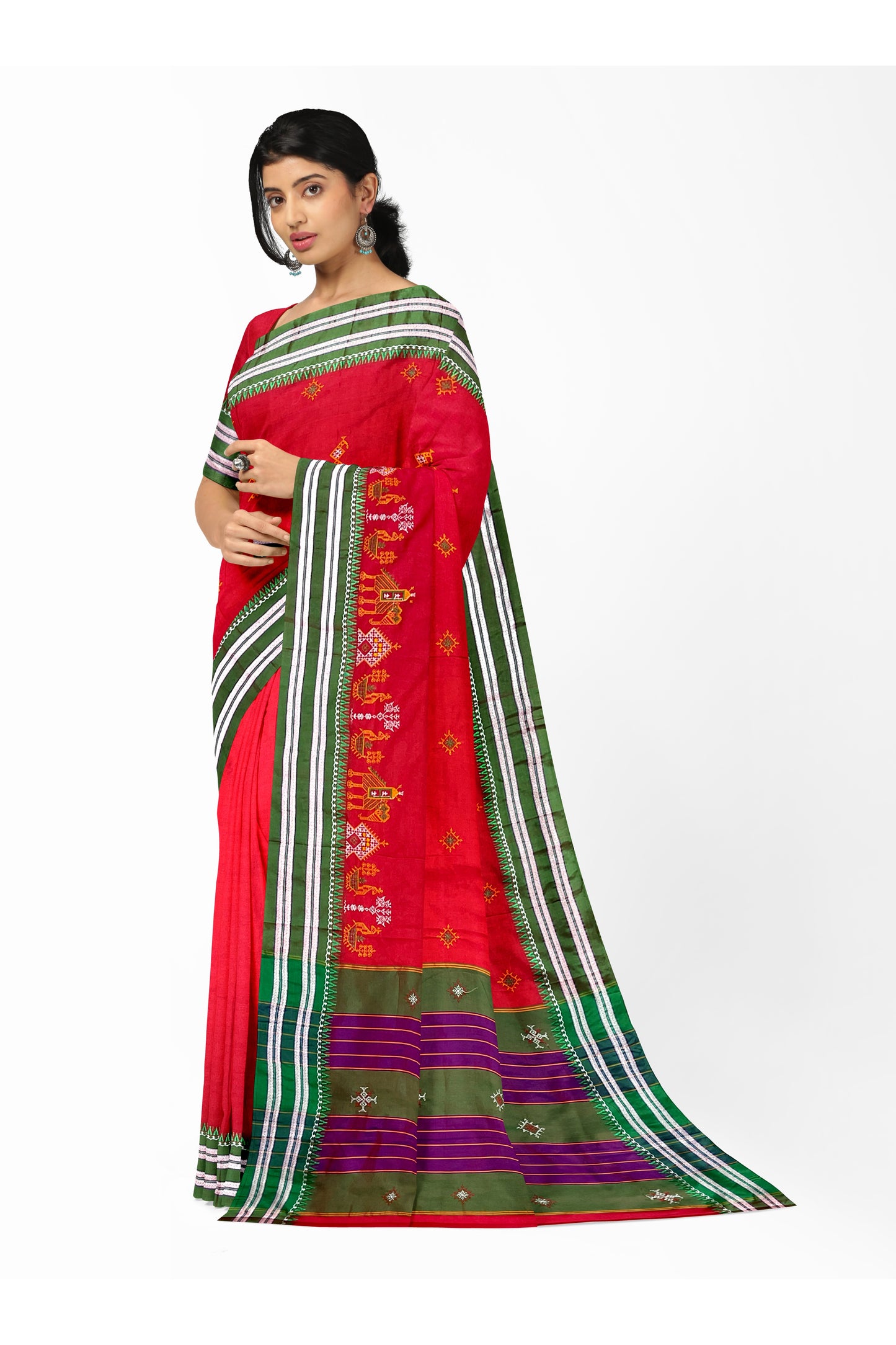 Neyge Ilkal Handwoven Cotton Silk Blend Kasuti Gomi Dadi Traditional Border Stripe Pallu Saree - Red