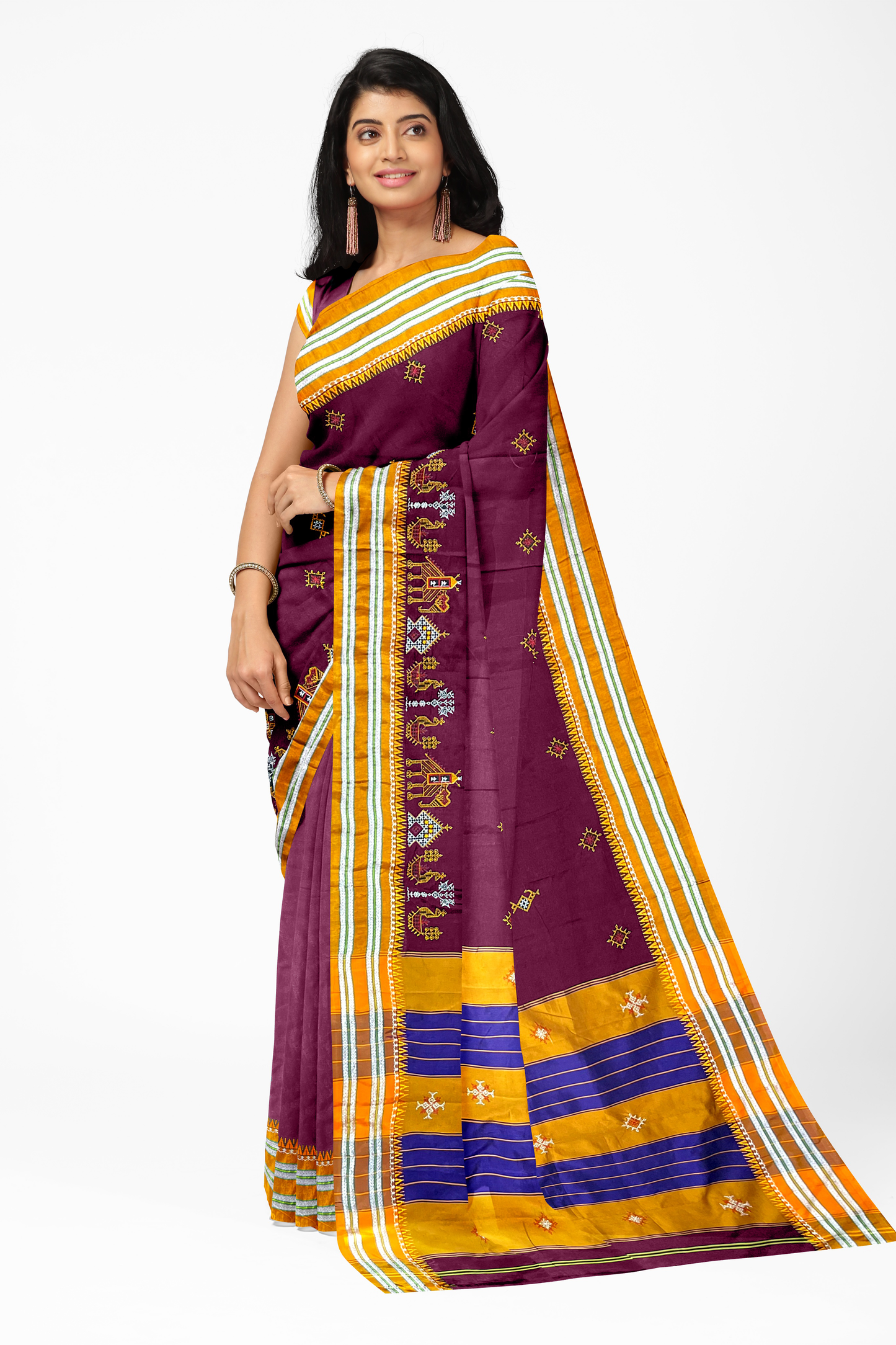 Neyge Ilkal Handwoven Cotton Silk Blend Kasuti Gomi Dadi Traditional Border Stripe Pallu Saree - Maroon