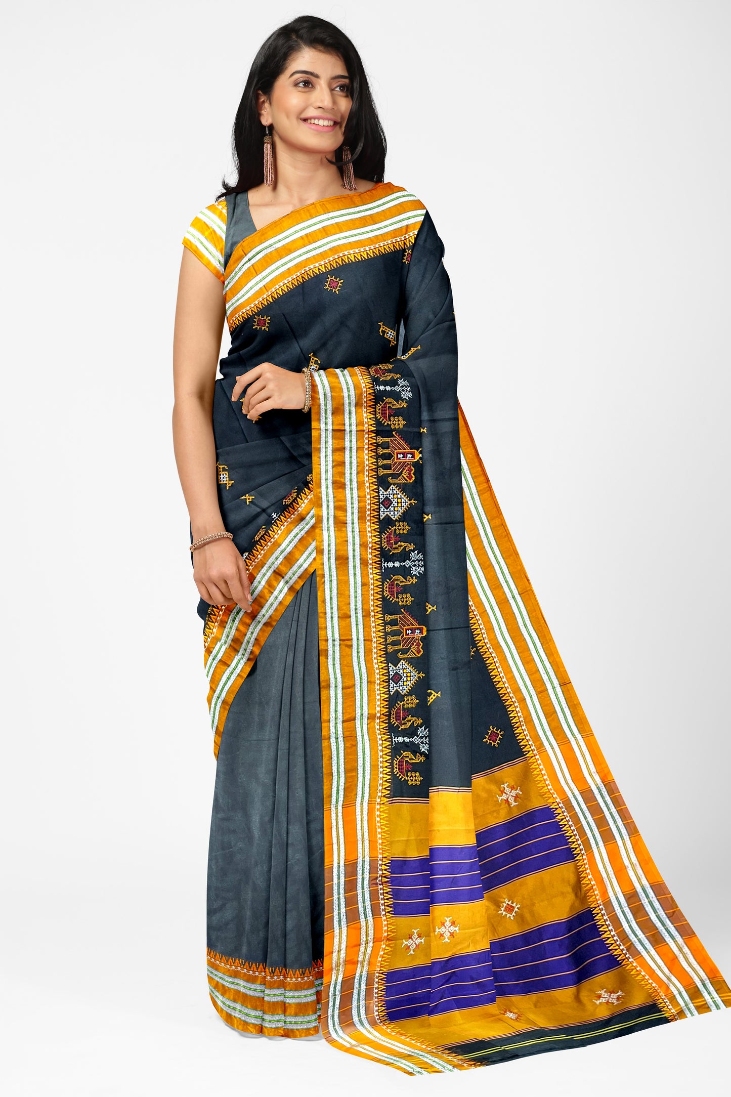 Neyge Ilkal Handwoven Cotton Silk Blend Kasuti Gomi Dadi Traditional Border Stripe Pallu Saree - Black