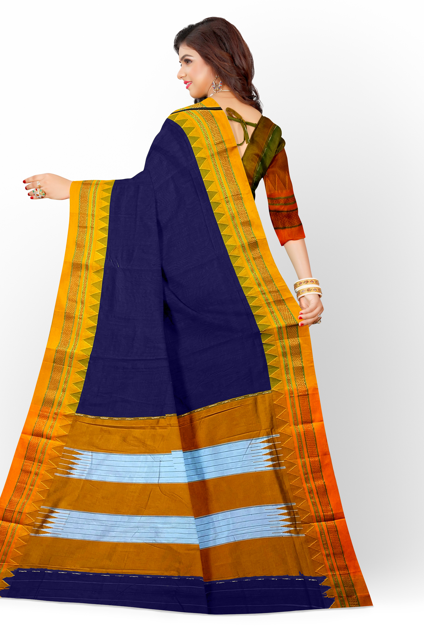 Neyge Ilkal Handwoven Masarai Cotton Silk Plain Body Traditional Temple Border Tope Pallu Saree