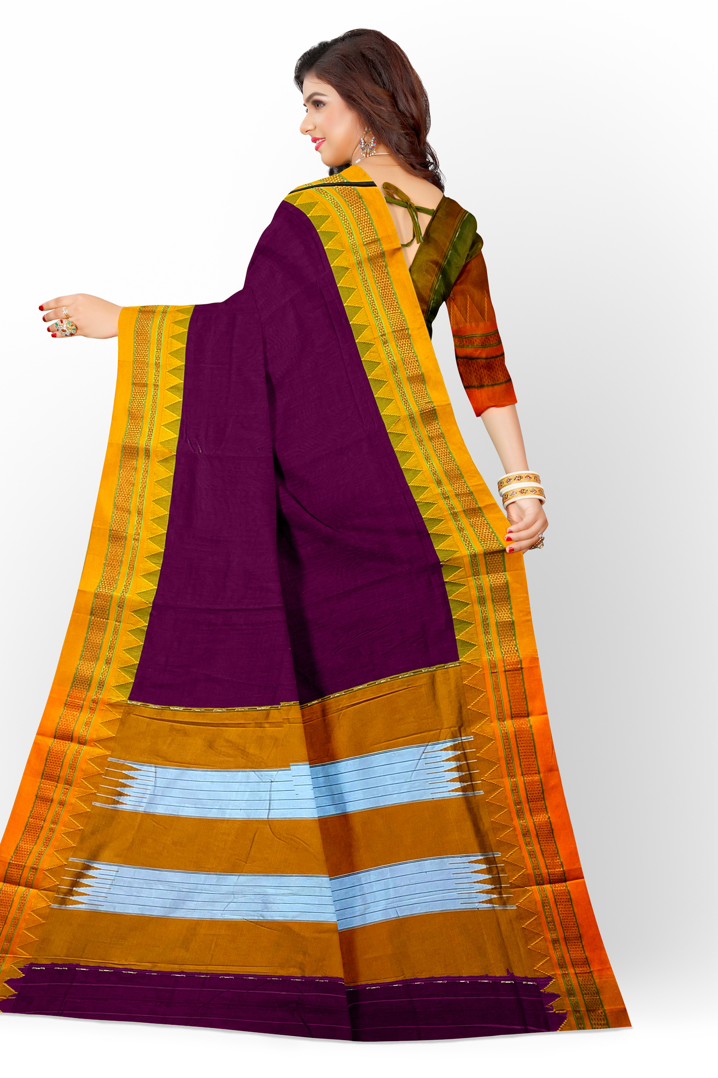 Neyge Ilkal Handwoven Masarai Cotton Silk Plain Body Traditional Temple Border Tope Pallu Saree