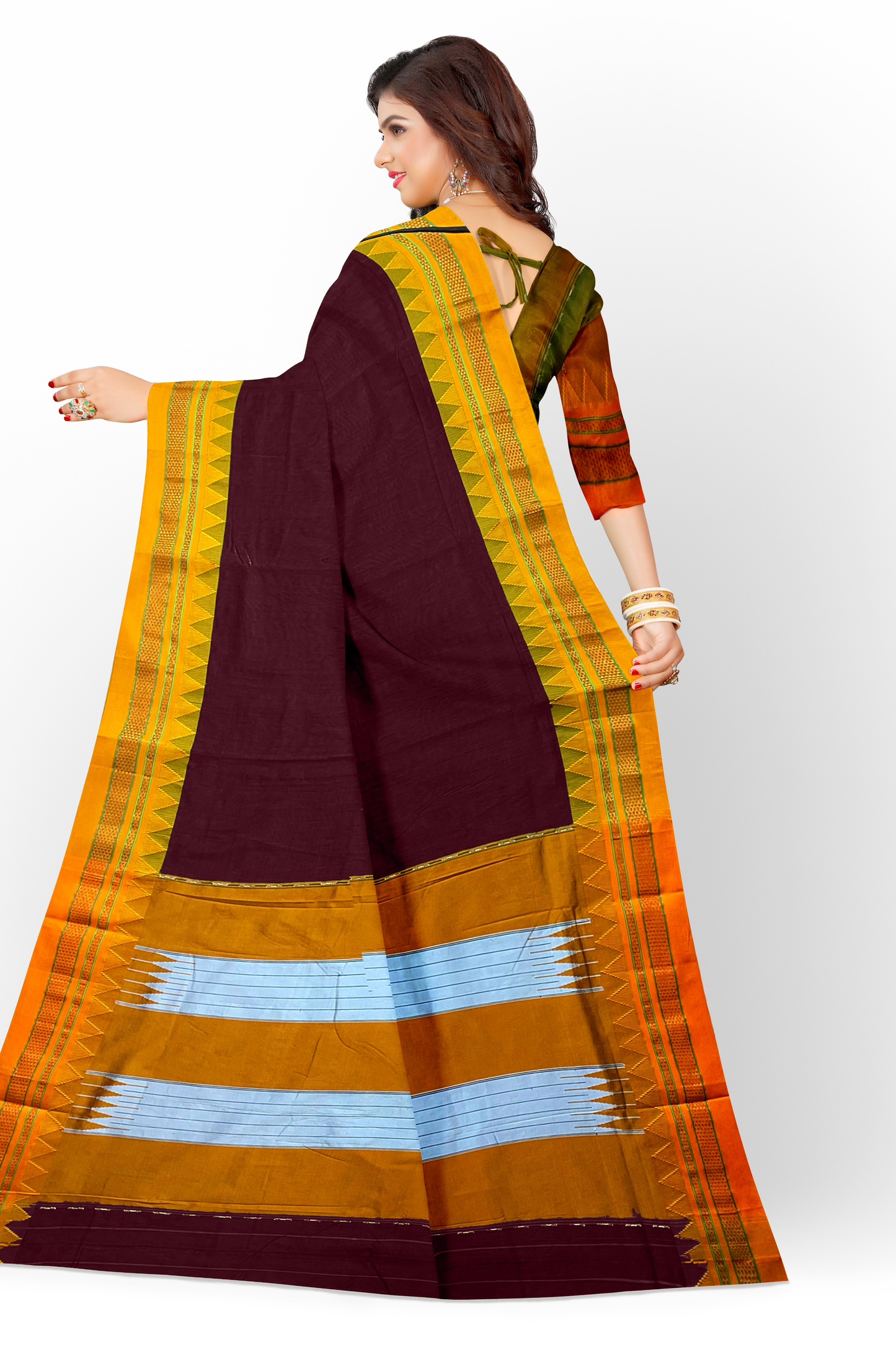 Neyge Ilkal Handwoven Masarai Cotton Silk Plain Body Traditional Temple Border Tope Pallu Saree