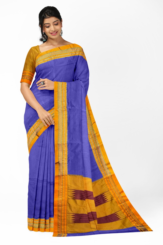 Neyge Ilkal Handwoven Masarai Cotton Silk Plain Body Traditional Chikki paras Border Tope Pallu Saree - Blue