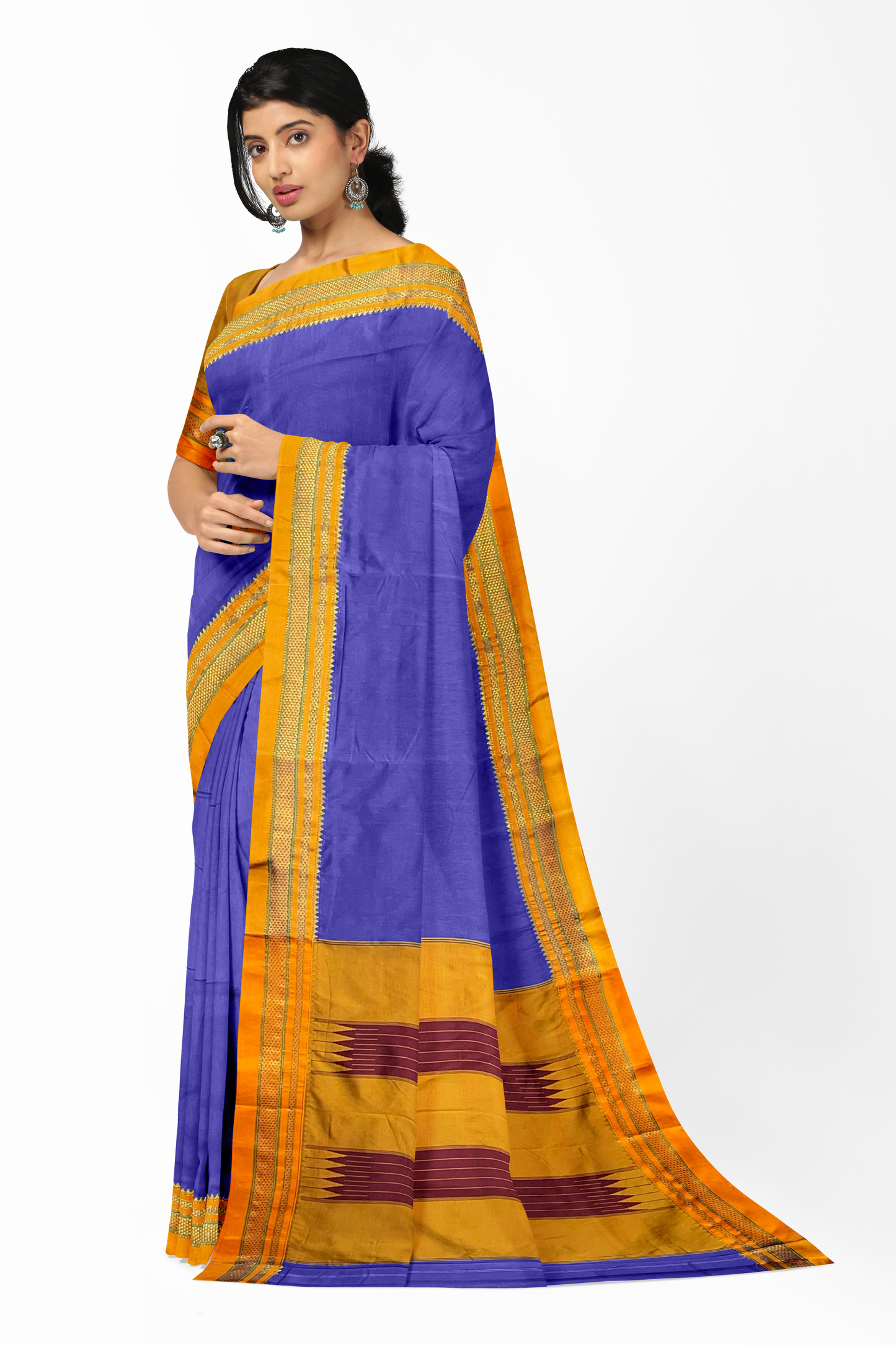 Neyge Ilkal Handwoven Masarai Cotton Silk Plain Body Traditional Chikki paras Border Tope Pallu Saree - Blue