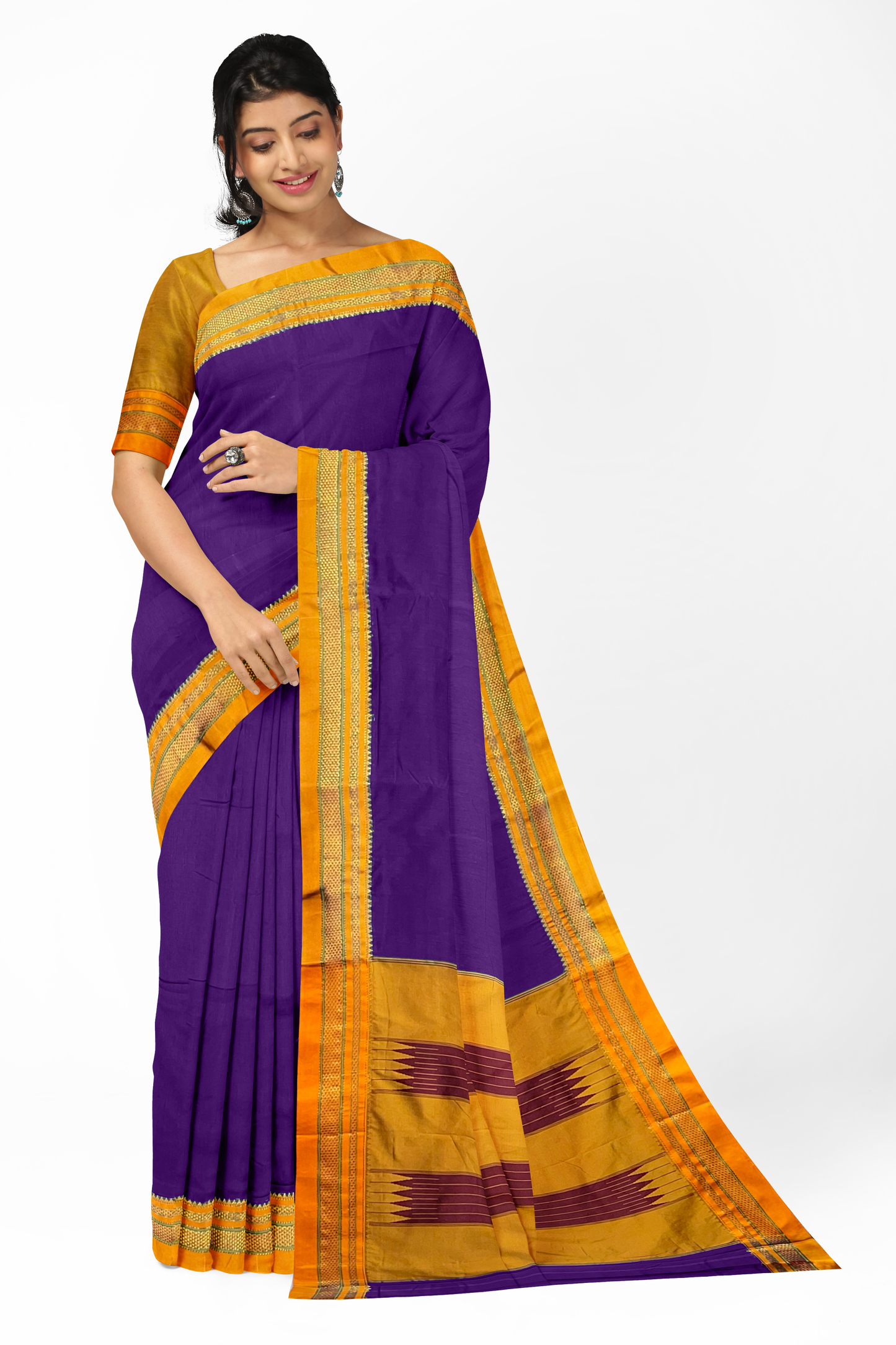 Neyge Ilkal Handwoven Masarai Cotton Silk Plain Body Traditional Chikki paras Border Tope Pallu Saree - Mejenta