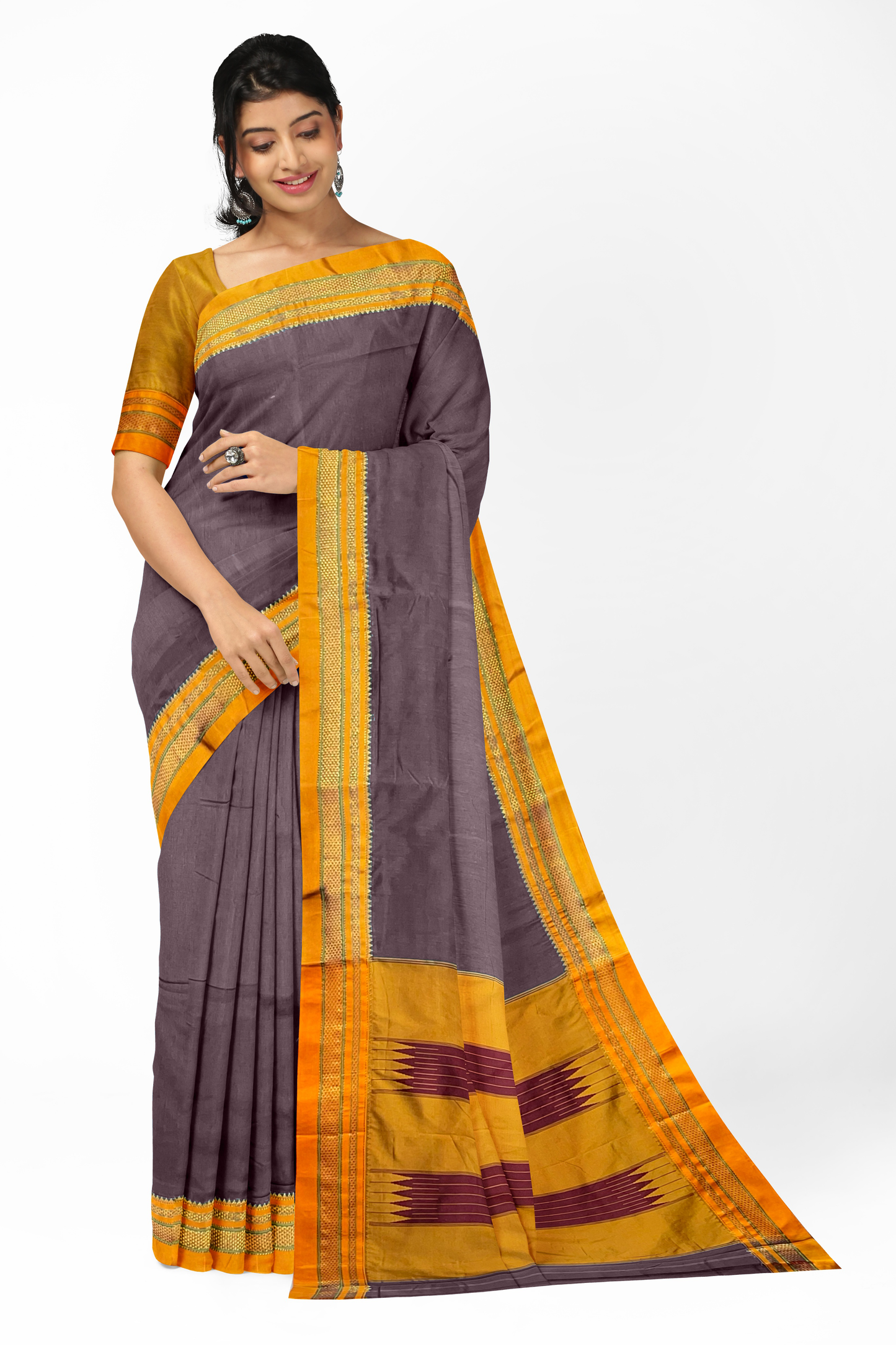 Neyge Ilkal Handwoven Masarai Cotton Silk Plain Body Traditional Chikki paras Border Tope Pallu Saree - Grey