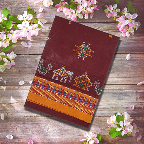 Neyge Ilkal Handwoven Cotton Silk Blend Kasuti Chikki Paras Traditional Border Stripe Pallu - Maroon