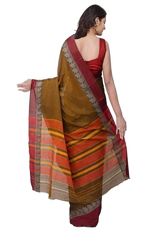 Neyge Traditional Pure Cotton Narayanpet Saree With Elephant Motif Border Stripe Pallu Saree - Mustard