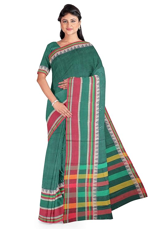 Neyge Pure Cotton Narayanpet Saree Skirt Border Stripe Pallu Saree - Green