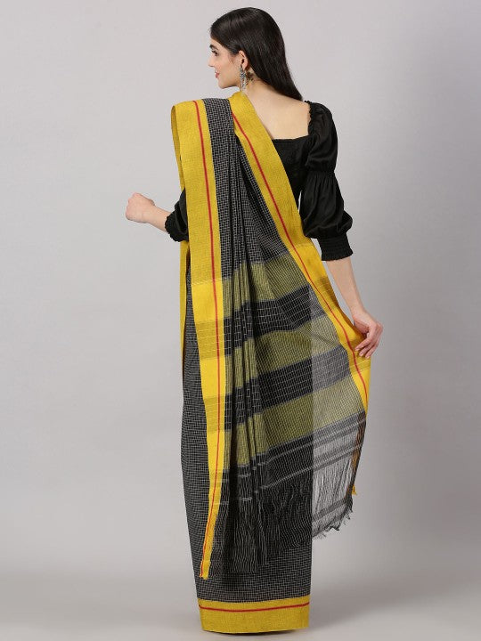 Neyge Ilkal Patteda Anchu Pure Cotton Elegant Checkered Pattern Plain Border Stripe Pallu - Black_Yellow
