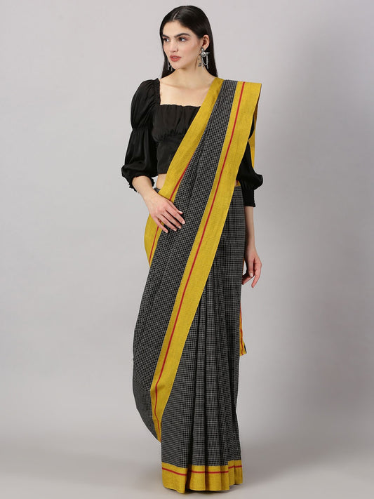 Neyge Ilkal Patteda Anchu Pure Cotton Elegant Checkered Pattern Plain Border Stripe Pallu - Black_Yellow