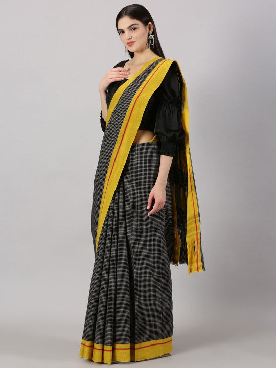 Neyge Ilkal Patteda Anchu Pure Cotton Elegant Checkered Pattern Plain Border Stripe Pallu - Black_Yellow