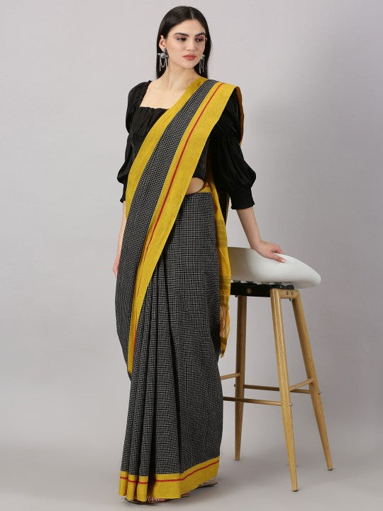 Neyge Ilkal Patteda Anchu Pure Cotton Elegant Checkered Pattern Plain Border Stripe Pallu - Black_Yellow