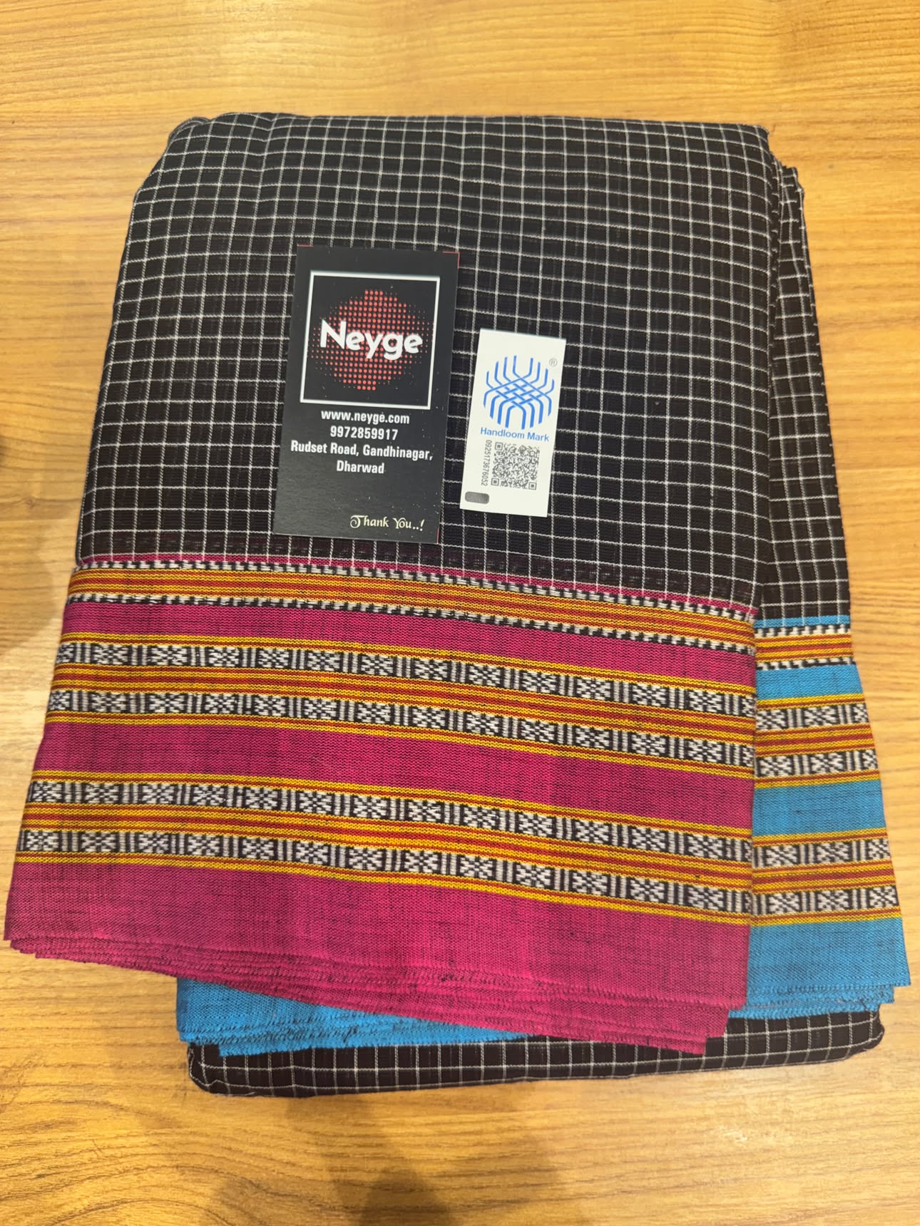 Neyge Ilkal Patteda Anchu Pure Cotton Checkered Pattern Gadi Dadi Border Stripe Pallu - Black