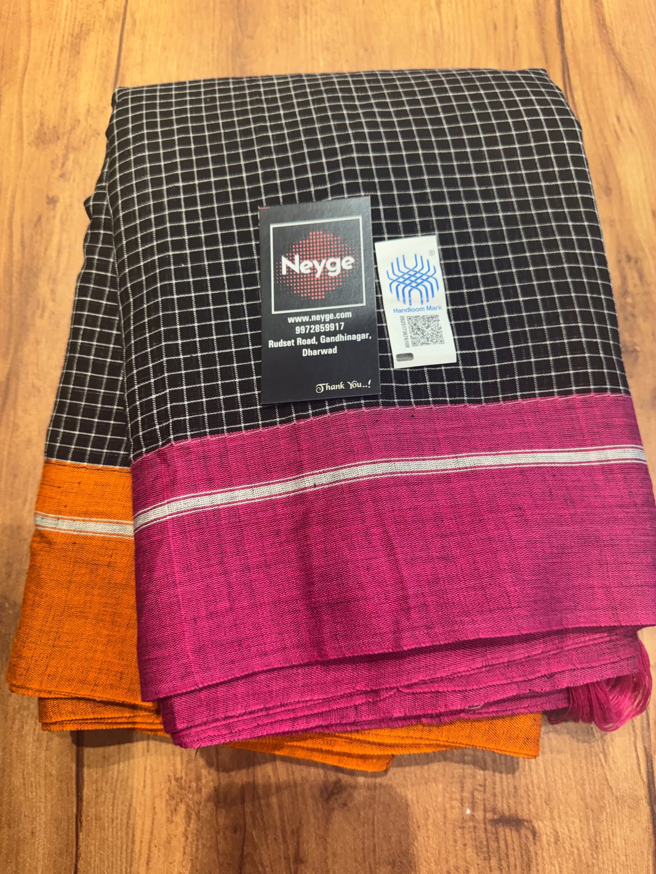 Neyge Ilkal Patteda Anchu Pure Cotton Elegant Checkered Pattern Plain Border Stripe Pallu - Black