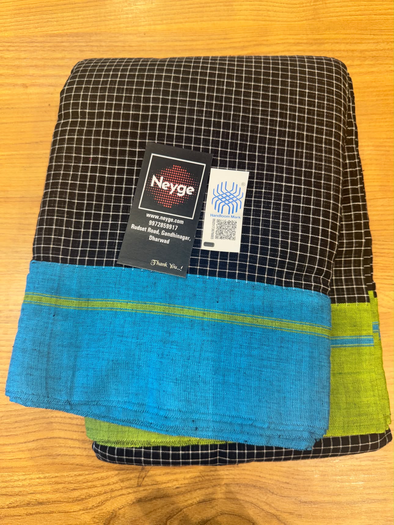 Neyge Ilkal Patteda Anchu Pure Cotton Elegant Checkered Pattern Plain Border Stripe Pallu - GreenBlue
