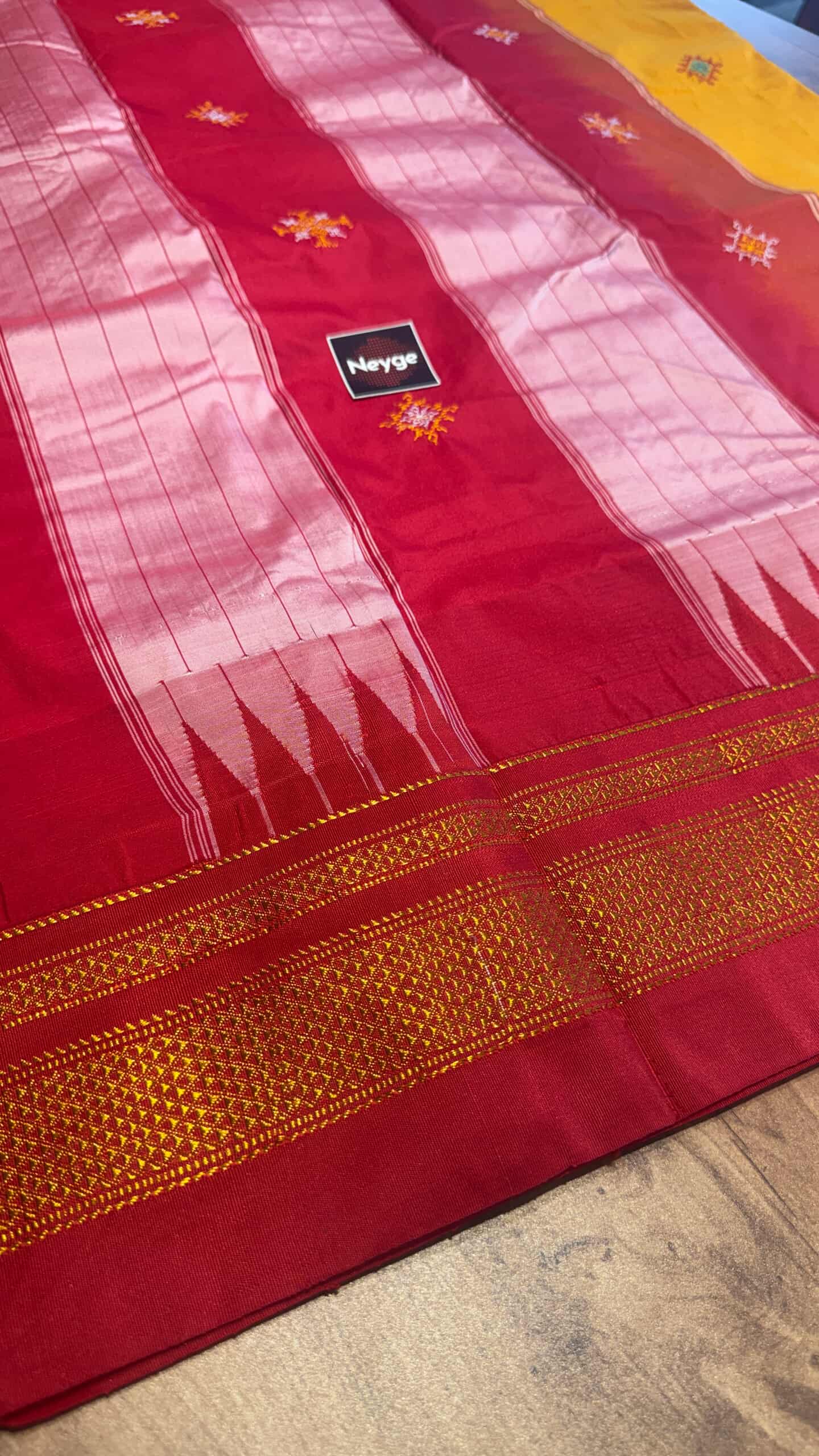 Neyge Ilkal Pure Cotton Silk Dharwad Kasuti Saree Temple Gadwal Chikkiparas Border Tope Pallu Saree -Yellow_Red
