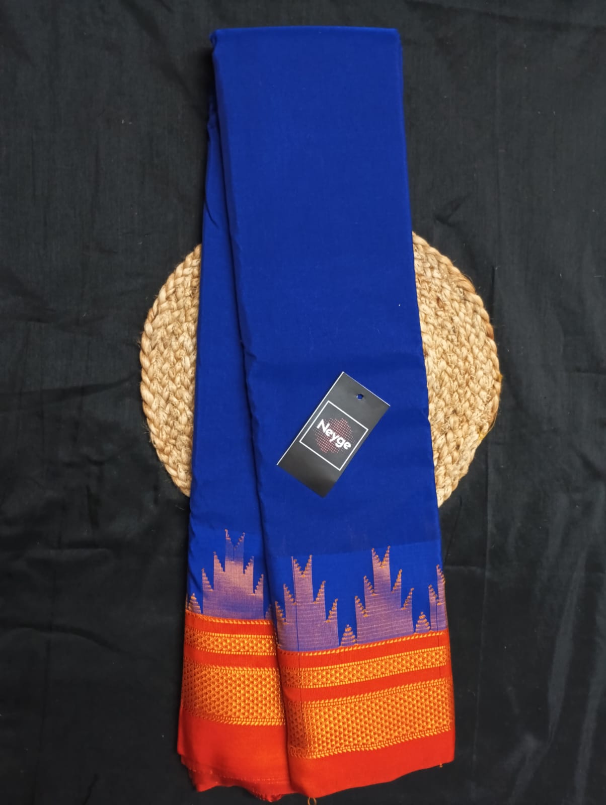 Neyge Ilkal Pure Cotton Silk Saree Temple Gadwal Chikkiparas Border Tope Pallu Saree (Blue_Orange)