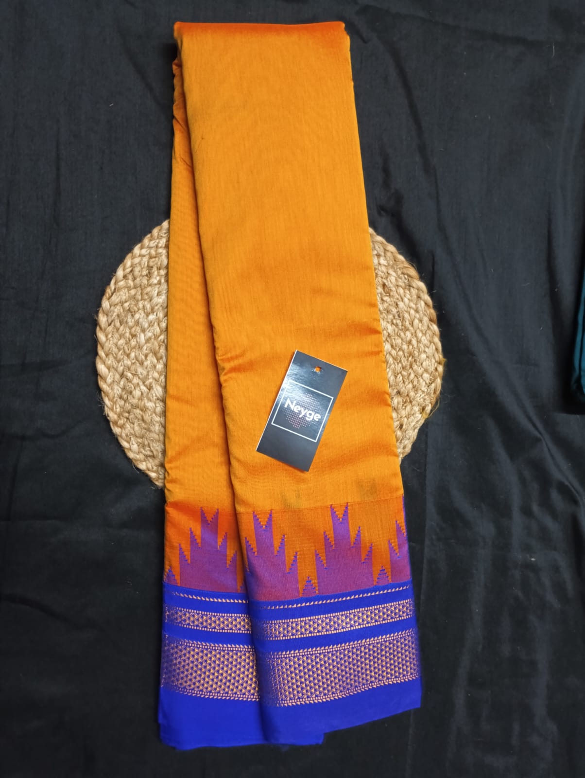 Neyge Ilkal Pure Cotton Silk Saree Temple Gadwal Chikkiparas Border Tope Pallu Saree (Orange_Blue)