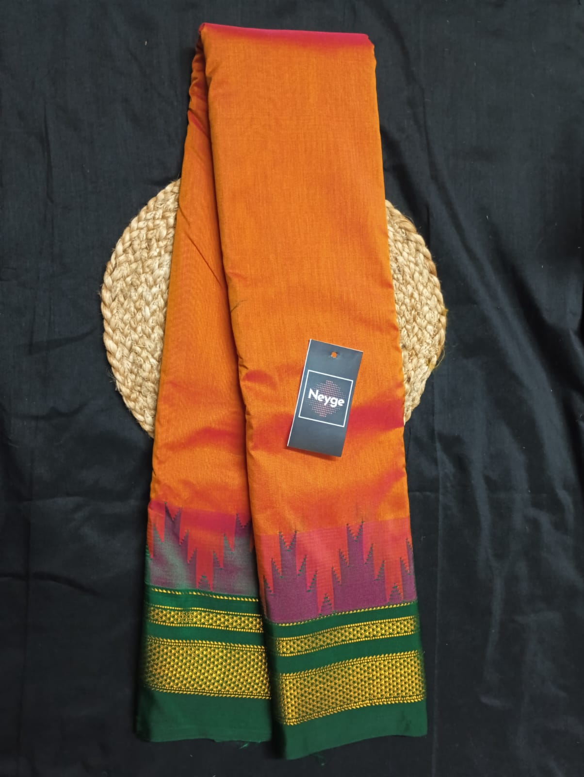Neyge Ilkal Pure Cotton Silk Saree Temple Gadwal Chikkiparas Border Tope Pallu Saree (Orange_Green)