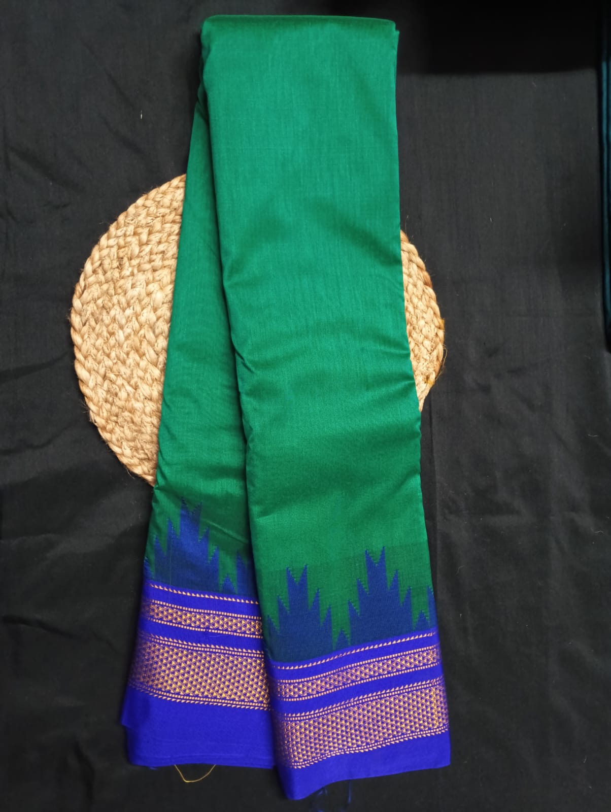 Neyge Ilkal Pure Cotton Silk Saree Temple Gadwal Chikkiparas Border Tope Pallu Saree (Green_Blue)