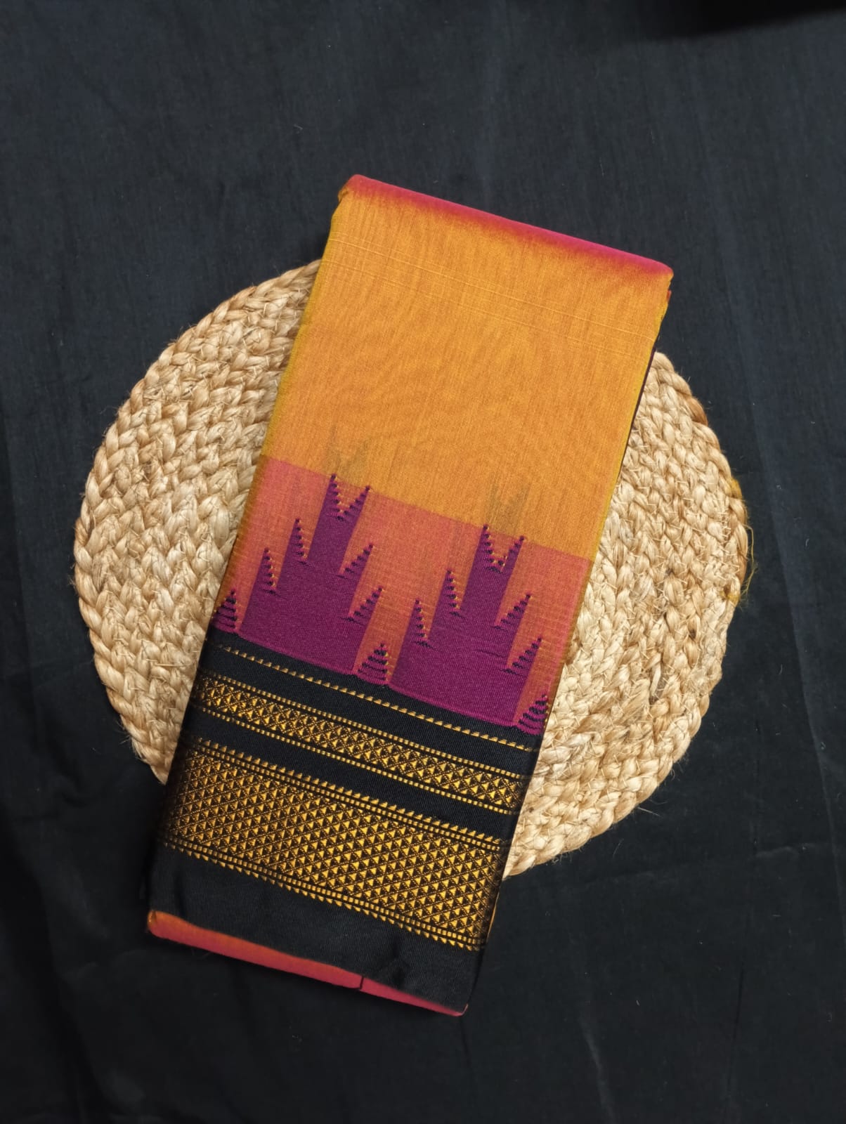 Neyge Ilkal Pure Cotton Silk Saree Temple Gadwal Chikkiparas Border Tope Pallu Saree (Orange_Black)