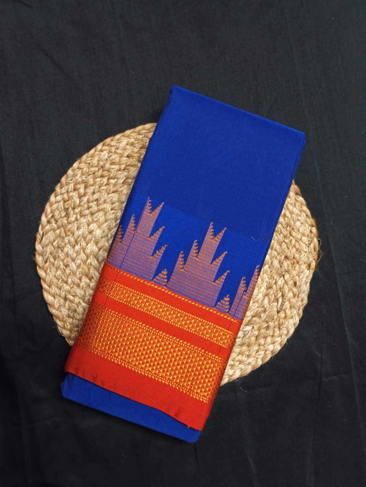 Neyge Ilkal Pure Cotton Silk Saree Temple Gadwal Chikkiparas Border Tope Pallu Saree (Blue_Orange)