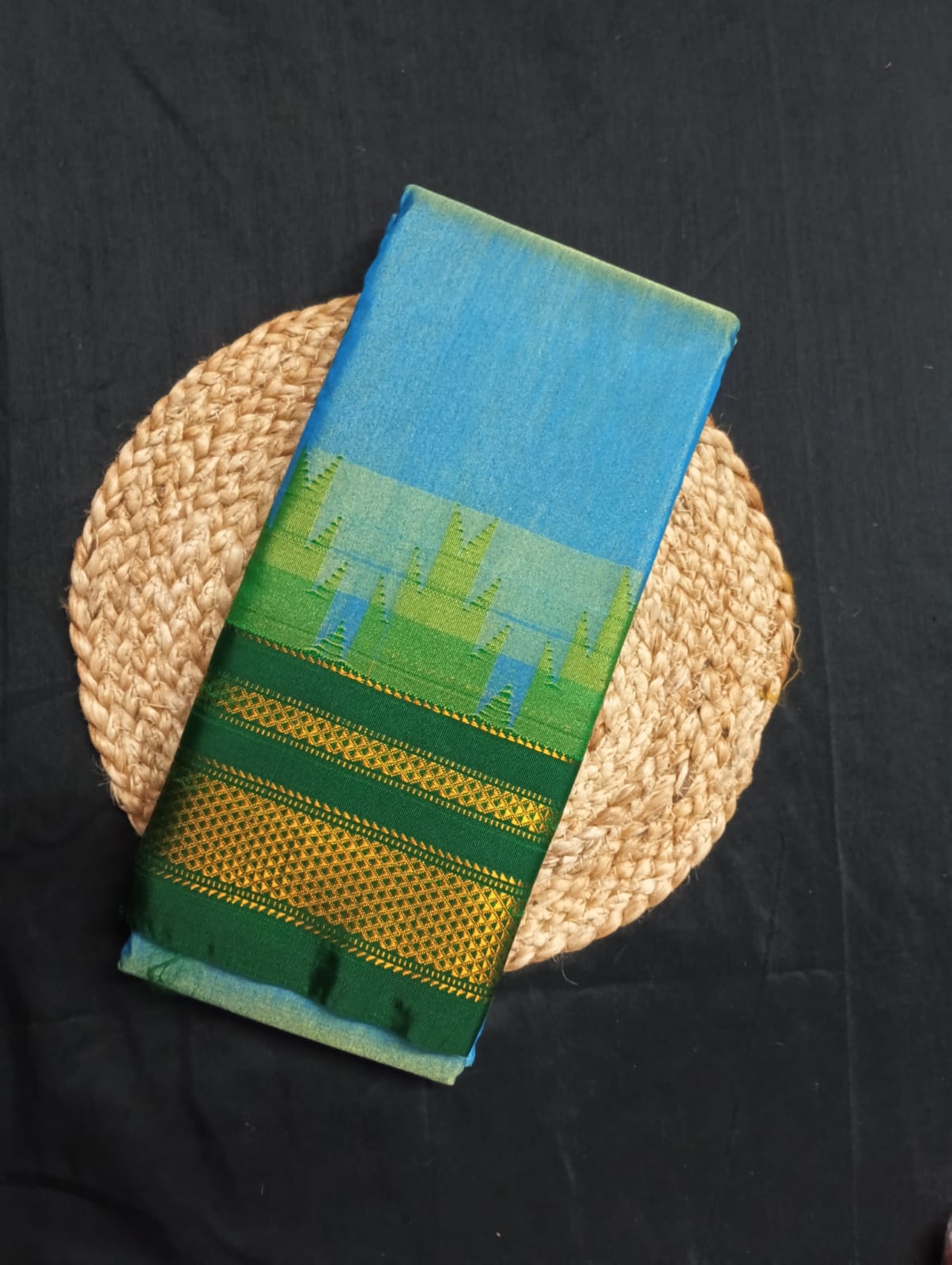 Neyge Ilkal Pure Cotton Silk Saree Temple Gadwal Chikkiparas Border Tope Pallu Saree (Blue_Green)