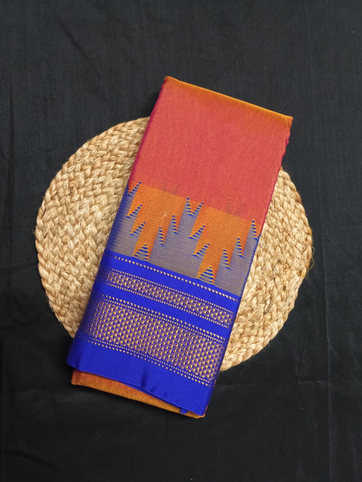 Neyge Ilkal Pure Cotton Silk Saree Temple Gadwal Chikkiparas Border Tope Pallu Saree (Orange_Blue)